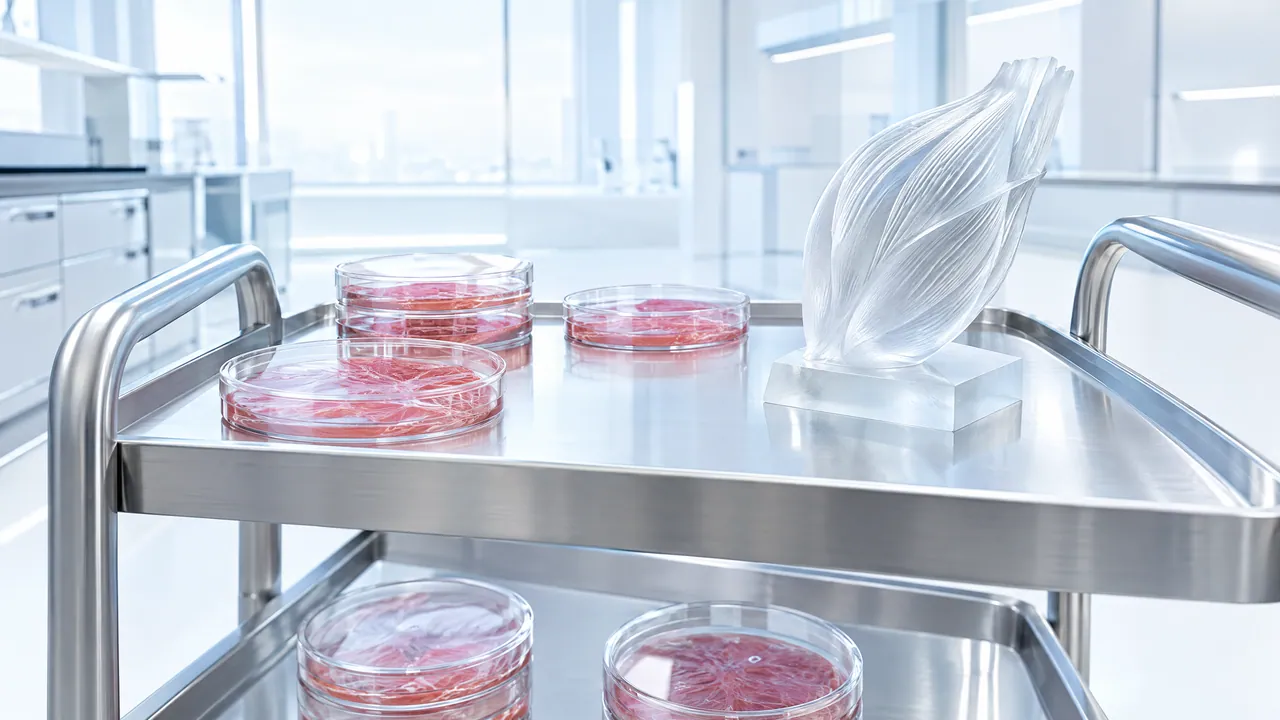 Stainless steel lab cart with petri dishes of pink cell culture, a frosted glass muscle sculpture on the top tray