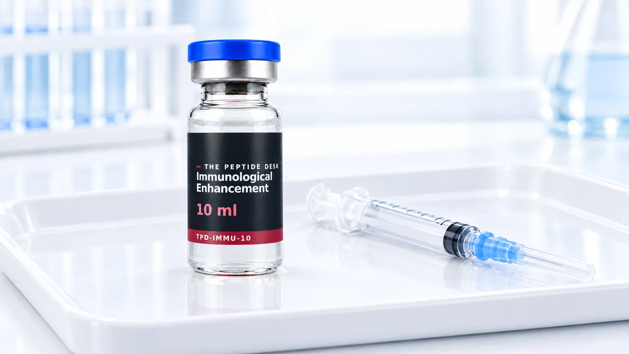 Glass vial with clear liquid, a blue cap and a black TPD label for Immunological Enhancement on a white tray, a disposable syringe beside it