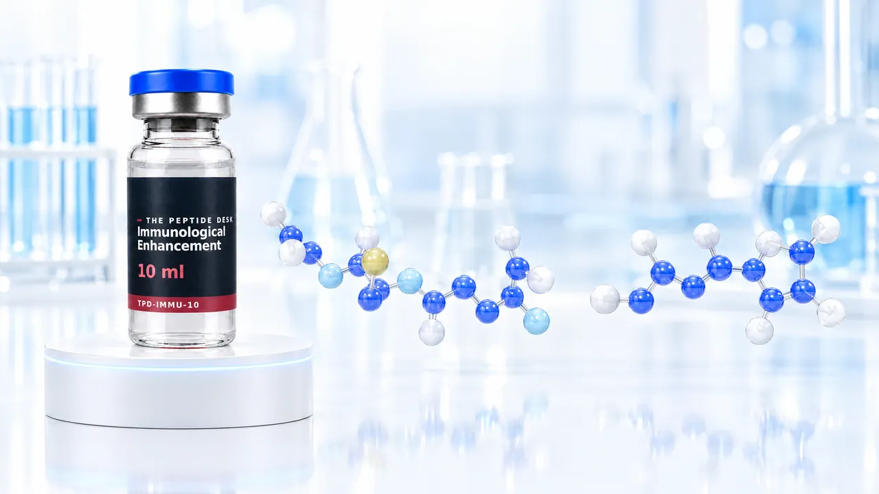 Glass vial with clear liquid, a blue cap and a black TPD label for Immunological Enhancement on a white podium, next to it two molecule chains of blue, white and one yellow glass sphere in a bright lab