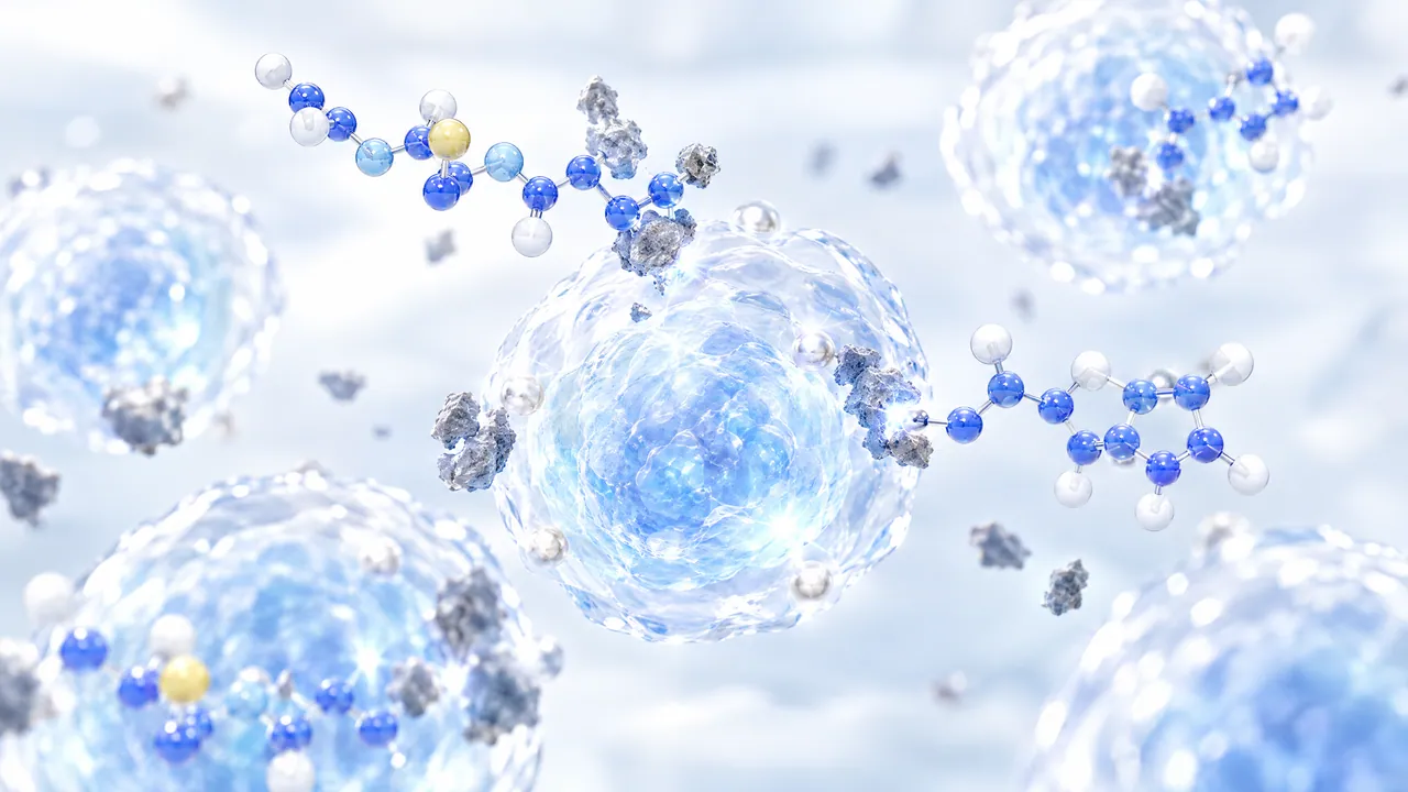 Translucent glass immune cells, blue molecules capturing grey, jagged particles around them
