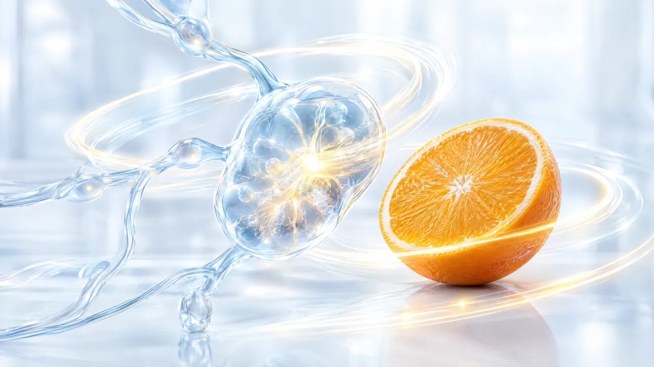 Glass lymph node with a glowing core, surrounded by light trails, half an orange beside it