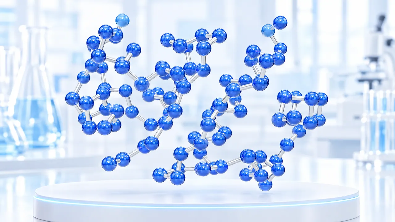 Two glossy blue 3D peptide chains float above a white podium in a bright lab, symbolic image for Insulin Aspart