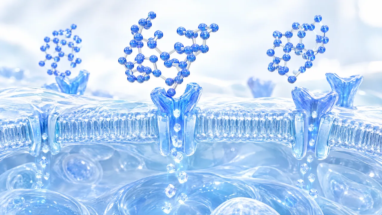 Blue 3D molecules dock onto Y-shaped receptors on a translucent cell membrane, small particles stream into the cell