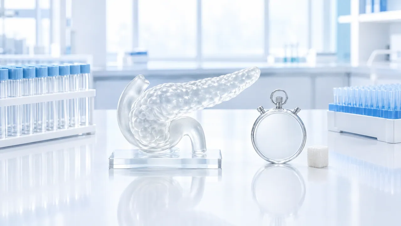 Glass model of a pancreas next to a stopwatch and a sugar cube on a bright lab bench