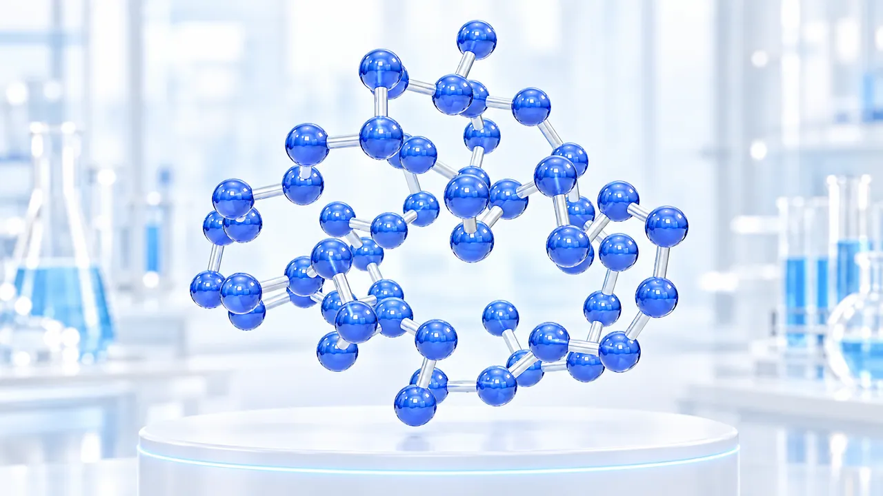 Glossy blue 3D molecule with several rings above a white podium in a bright lab, symbolic image for Insulin Glargine U300