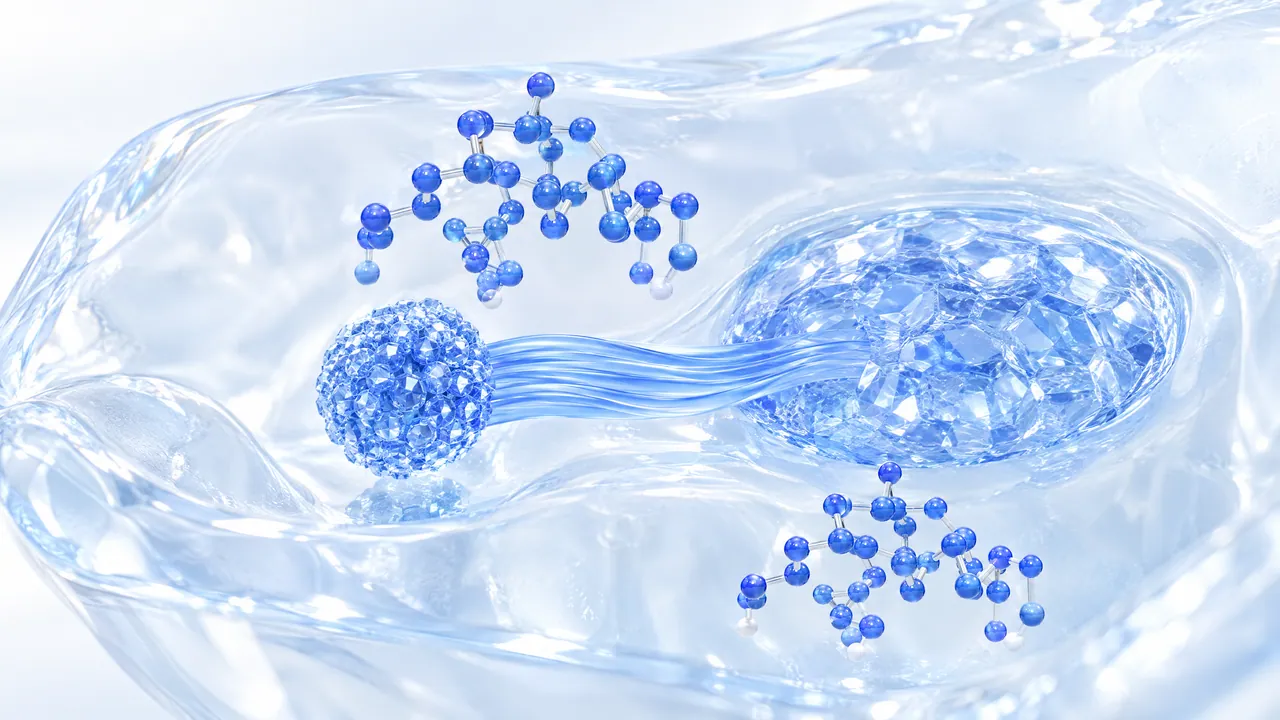 Translucent tissue with a small dense sphere linked by a stream to a larger crystalline depot, blue molecules floating nearby