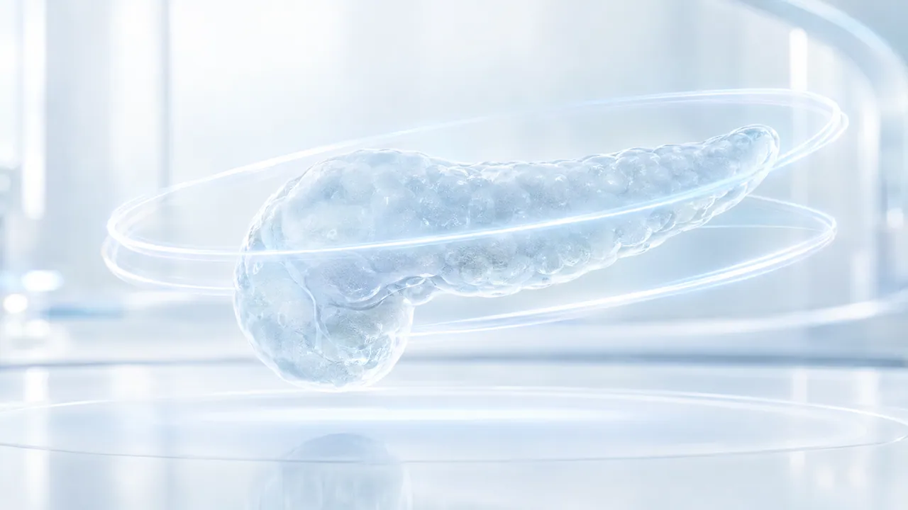 Glass model of a pancreas under rings of light on a bright surface