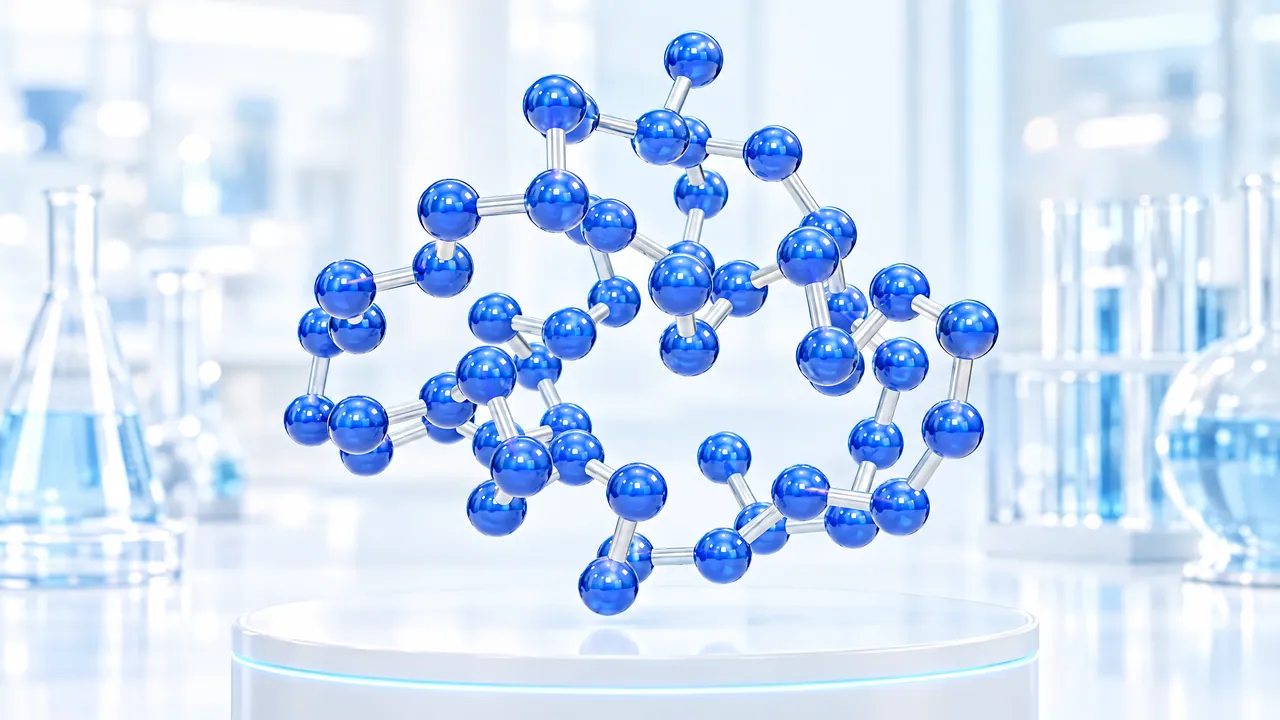Glossy blue 3D molecule floats above a white podium in a bright lab, symbolic image for Insulin Glargine