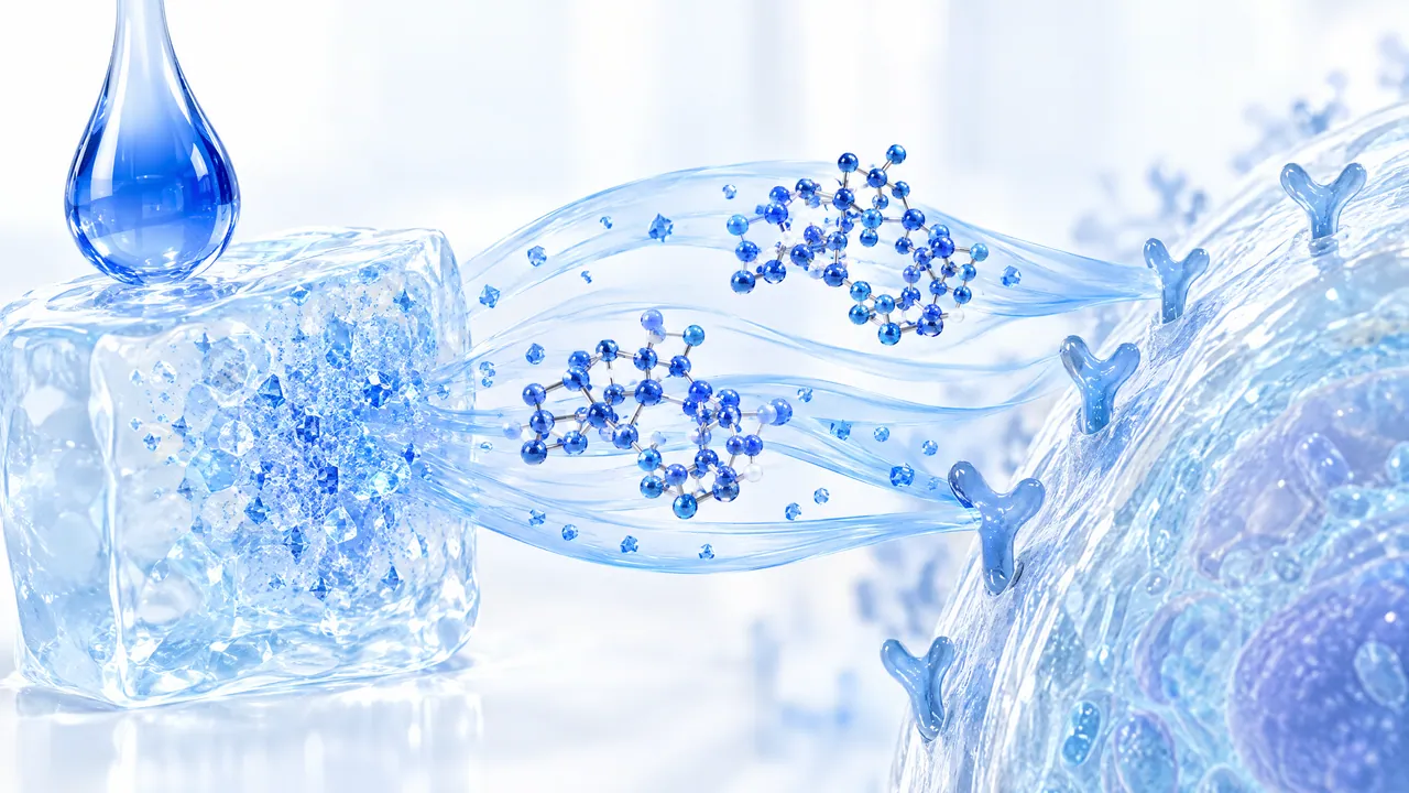 A blue drop falls onto a translucent crystalline block from which blue molecules stream in ribbons towards Y-shaped receptors on a cell