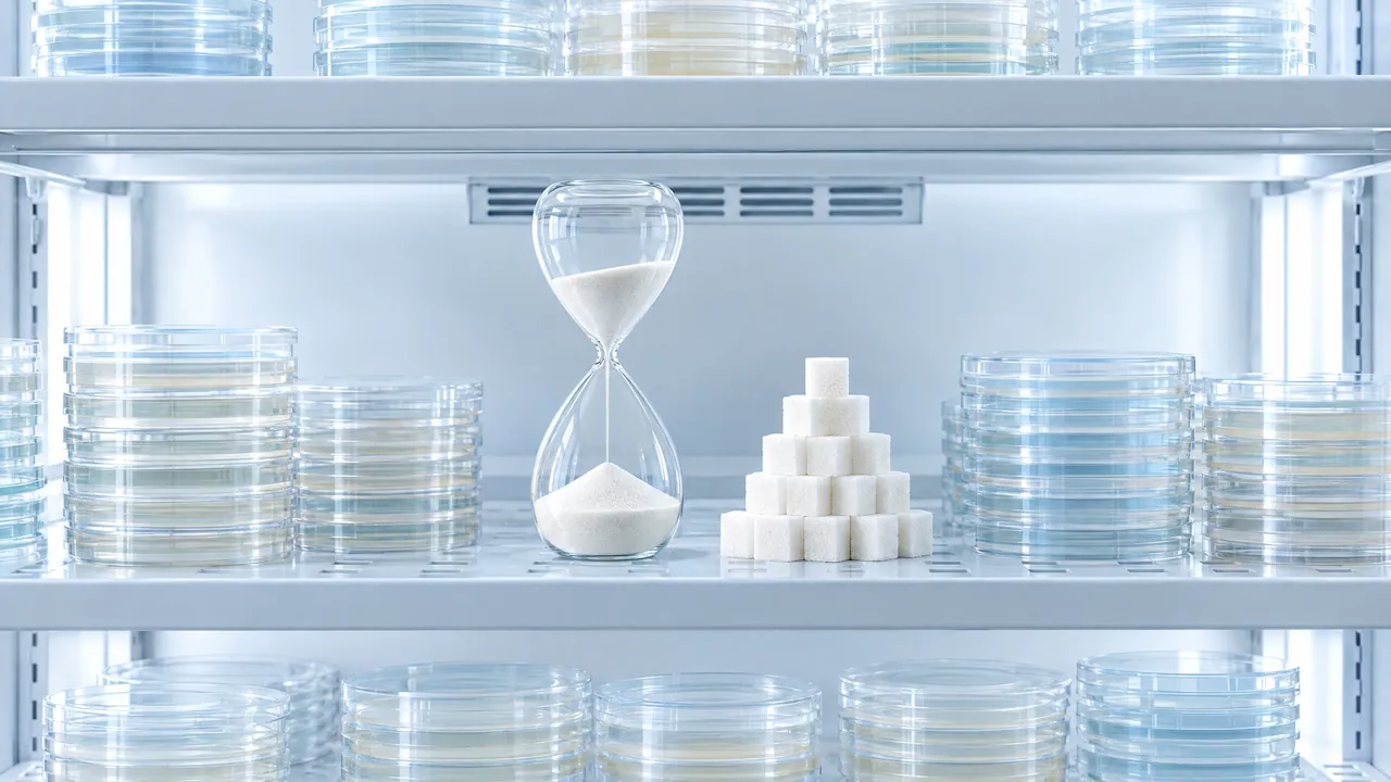 Lab shelf with stacked petri dishes, an hourglass with white sand and a pyramid of sugar cubes