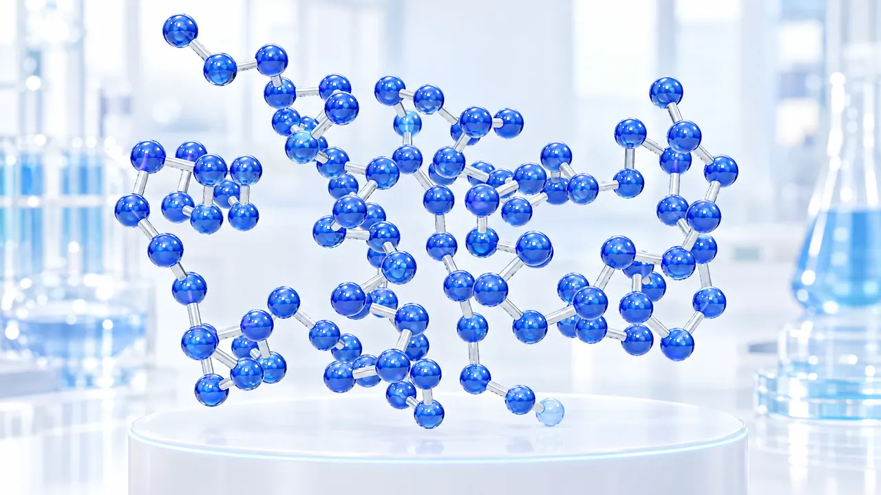 Glossy blue 3D peptide chain floats above a white podium in a bright lab, symbolic image for Insulin Lispro