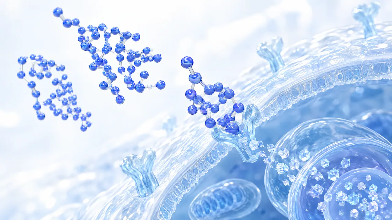 Blue 3D molecules float towards Y-shaped receptors on a translucent cell wall, inside are vesicles with small particles