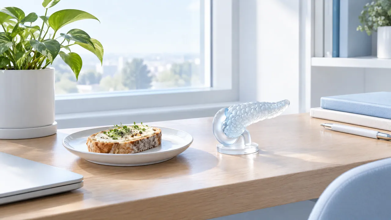 Wooden table by a window with a plant, a plate with an open sandwich and a glass model of a pancreas
