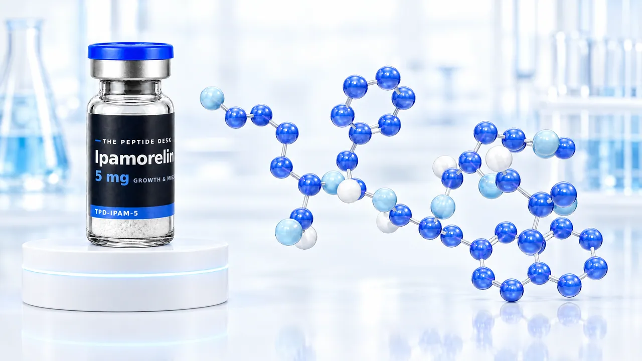 Ipamorelin vial with white powder and the black TPD label on a white podium, next to a long blue 3D peptide chain in a bright lab