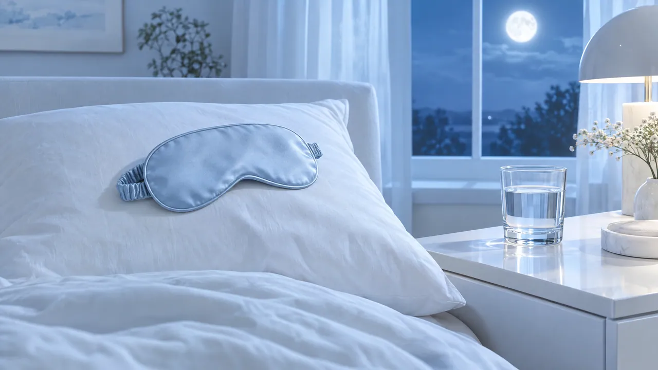Bed with a light blue sleep mask on the pillow, a glass of water on the bedside table and moonlight outside the window