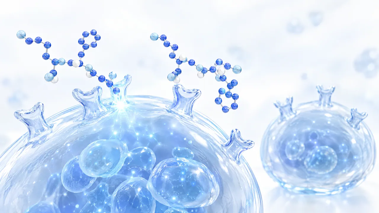 Two glass cells with cup-shaped receptors; blue molecule chains dock onto the front one and trigger a bright pulse of light while the rear cell stays calm