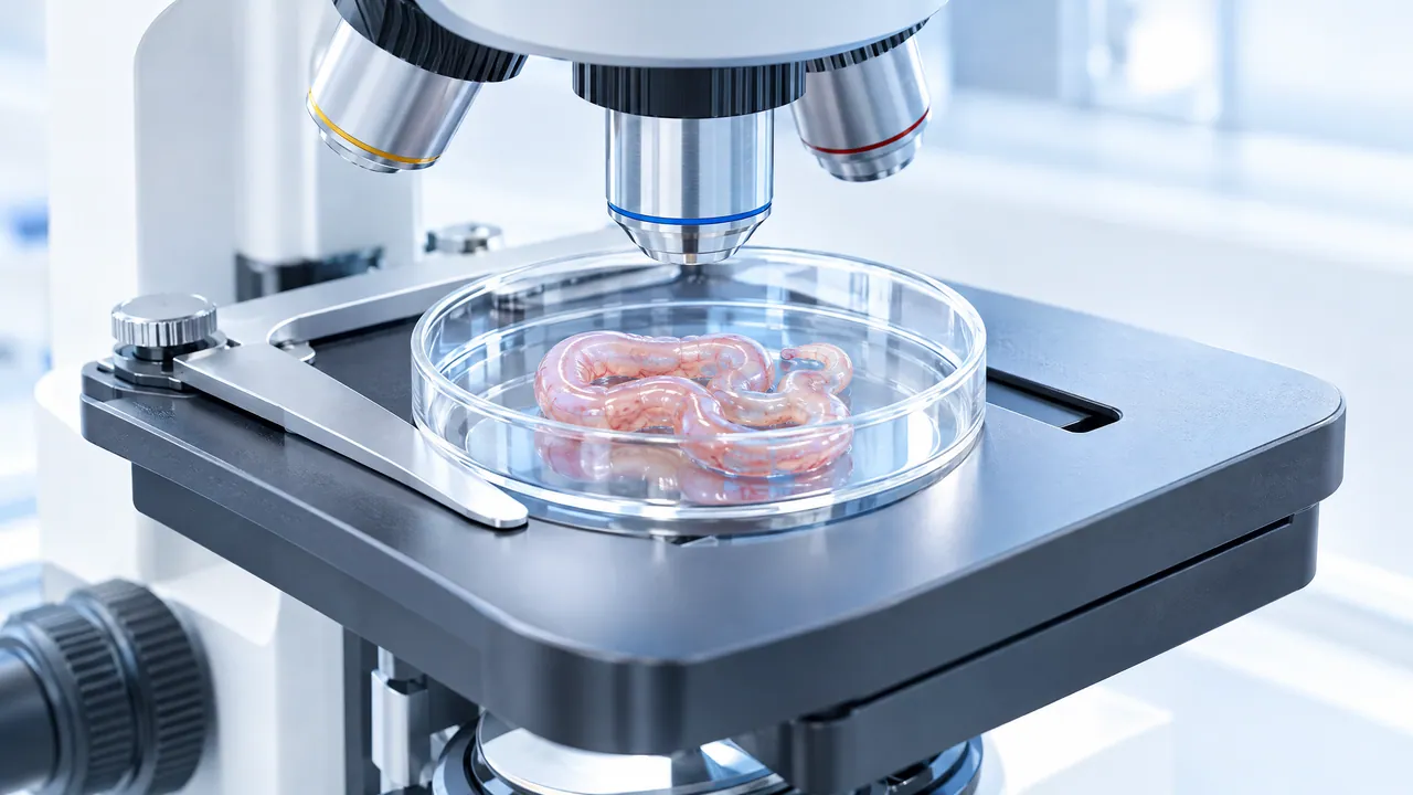 Microscope with a Petri dish on the stage holding a piece of gut tissue, in a bright lab