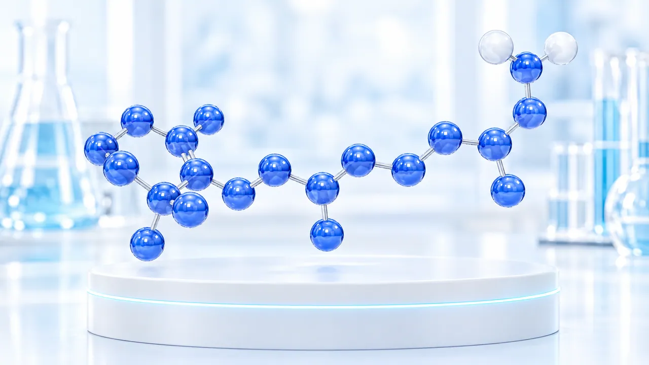 Large blue 3D molecule on a white podium in a bright lab, symbolic image for isotretinoin