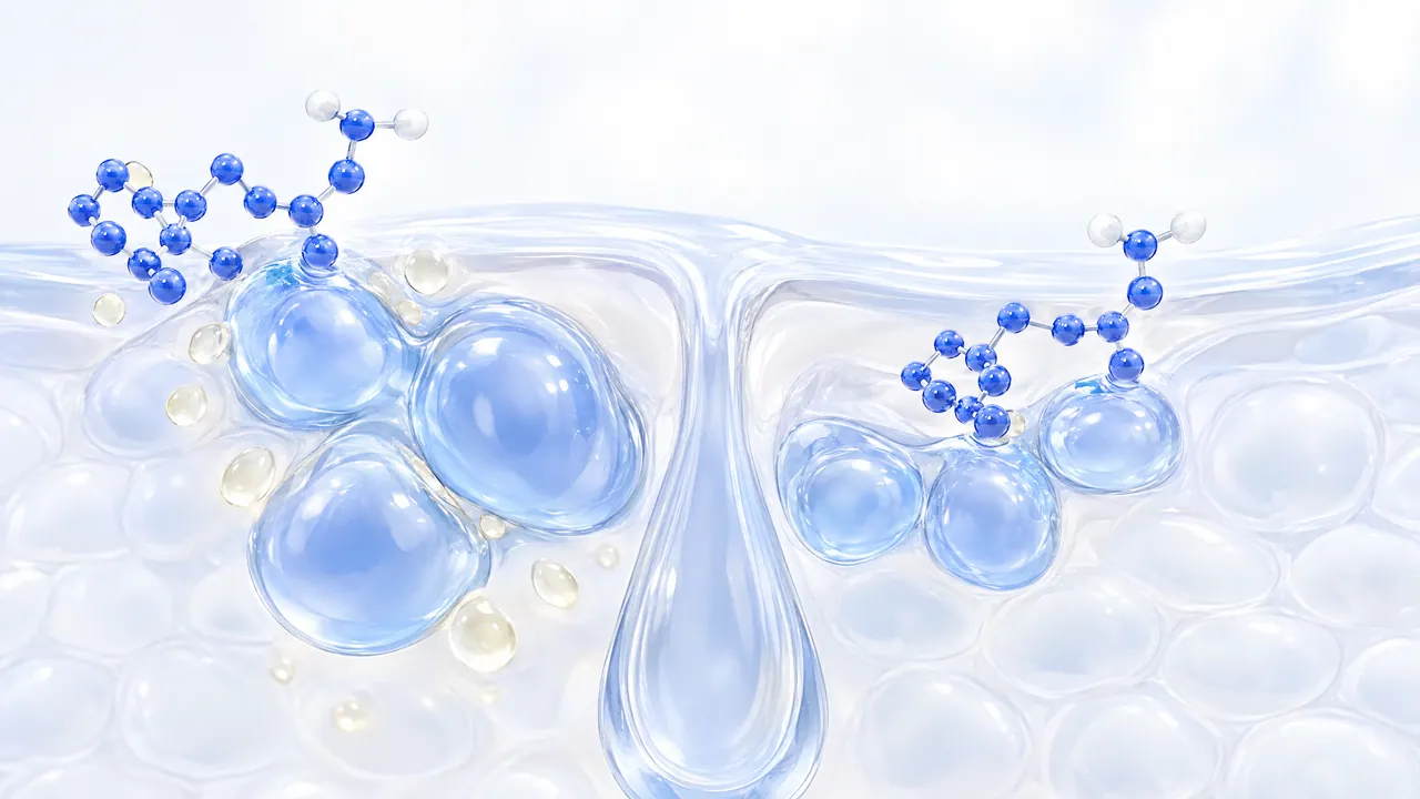 Transparent skin layer with glassy sebaceous glands and a follicle, blue molecules on top