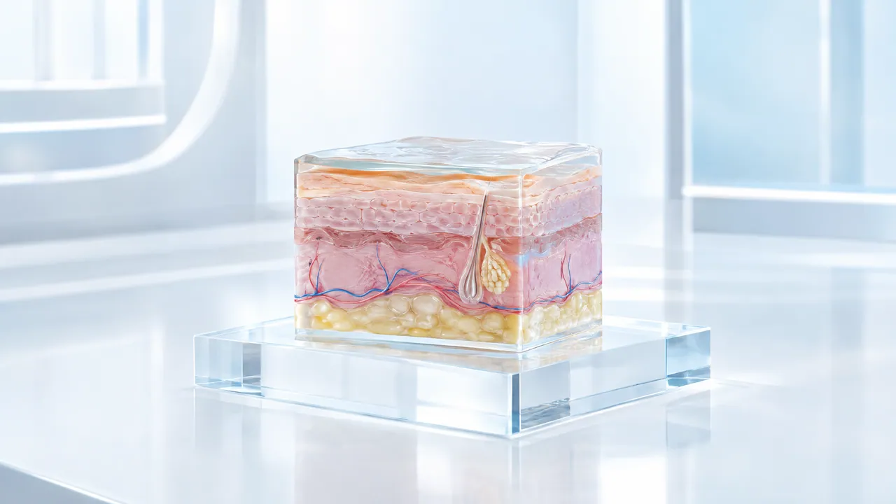 Glass block with a multi-layer skin model, hair follicle and sebaceous gland, on a glass pedestal in a lab