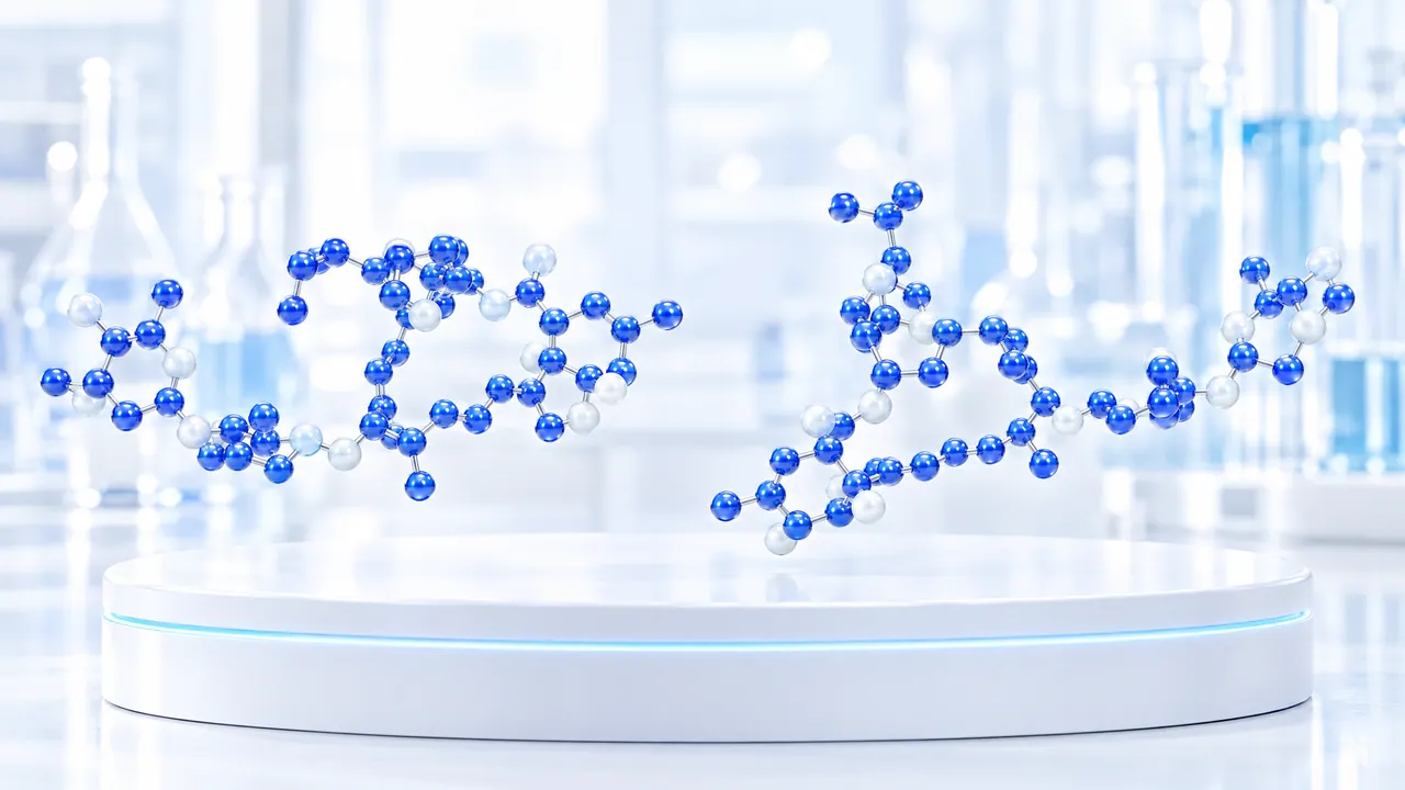 Two large blue 3D molecules above a white podium in a bright lab, symbolic image for ivermectin