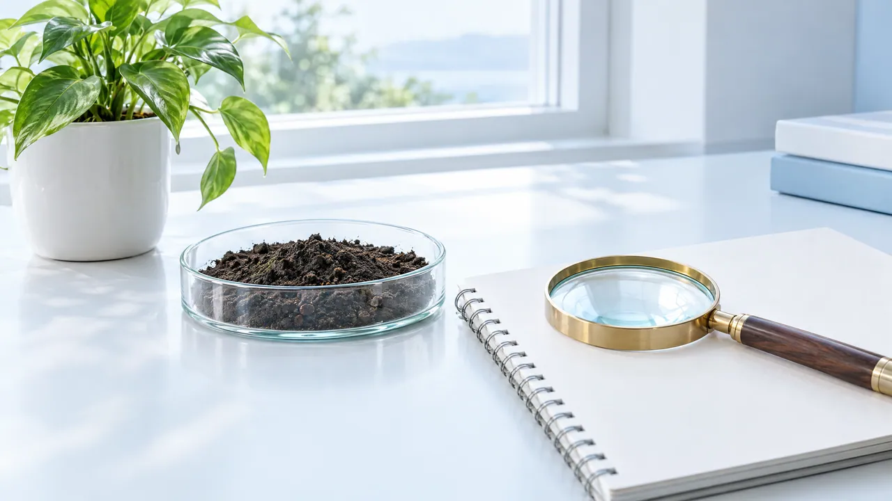 Glass dish with soil, a magnifying glass on a notepad and a green plant on a bright table by the window