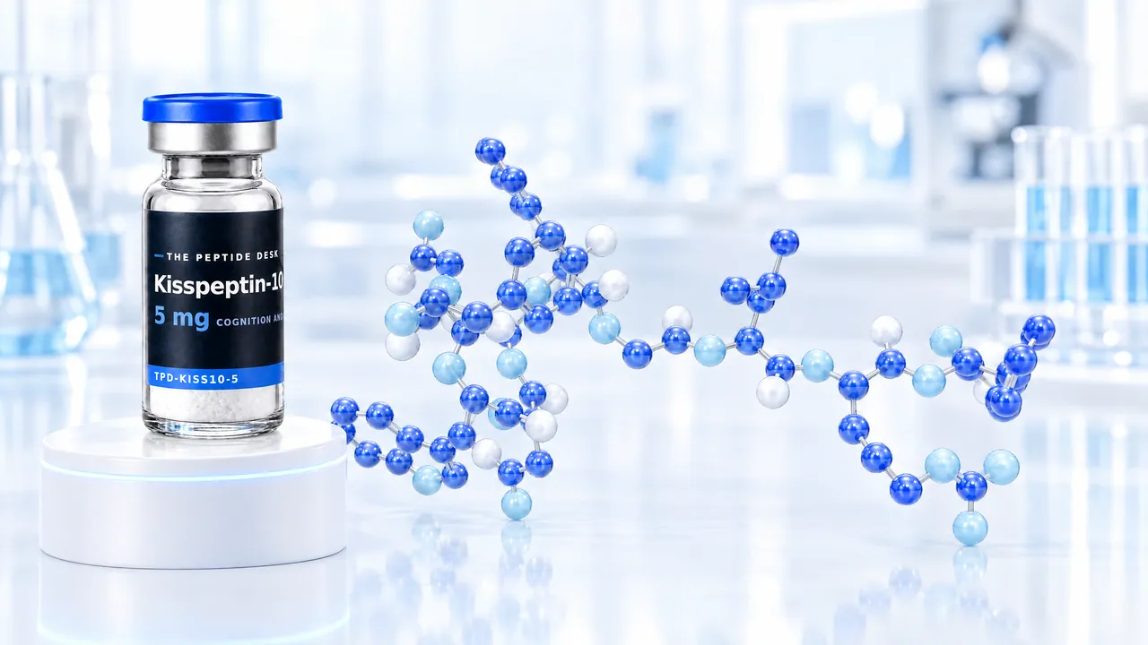 Kisspeptin-10 vial with white powder and the black TPD label on a white podium, next to a branched blue 3D peptide chain in a bright lab