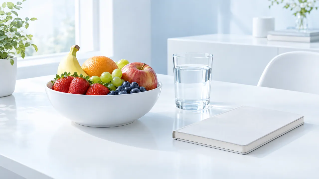 White bowl of fresh fruit, a glass of water and a closed notebook on a bright table in daylight