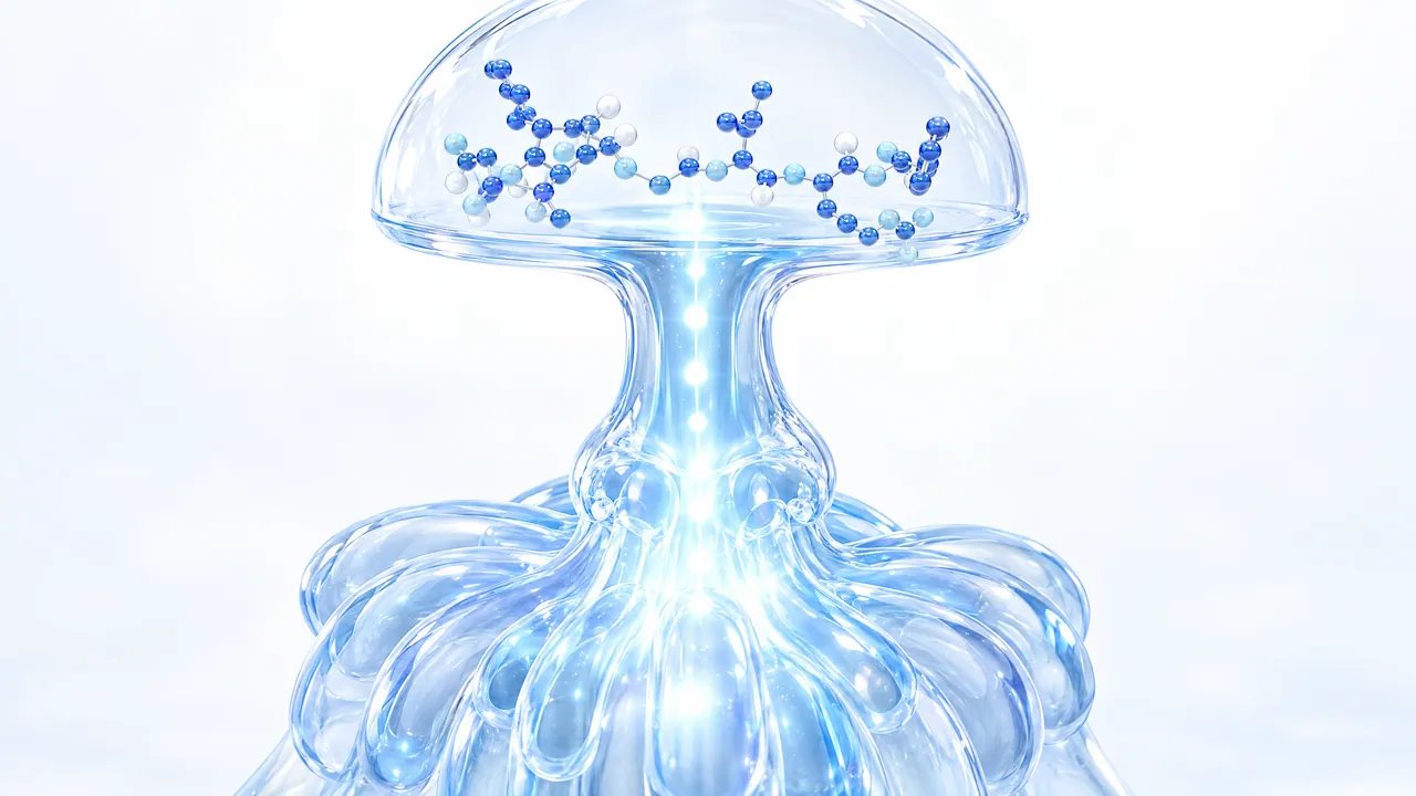 Glass dome on top of a stalk holding blue molecule chains, from which a pulse of light runs down into a glass structure of coiled tubes