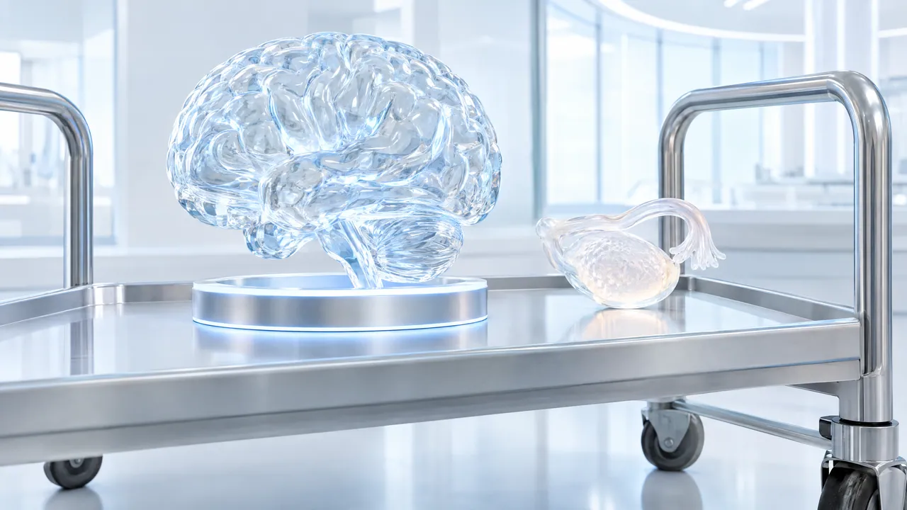 Stainless steel lab cart with a glass brain on a glowing base and a small glass ovary next to it