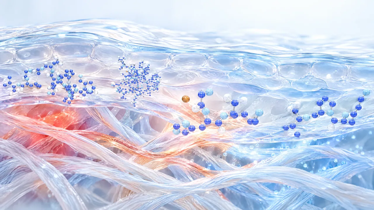 Glass skin layers above collagen fibres with a reddish glowing spot, blue molecules above them, one with a copper-coloured atom