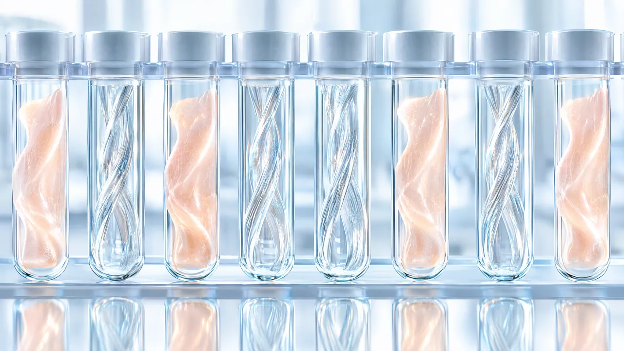 Row of test tubes, alternating between twisted skin-coloured tissue strands and clear twisted glass strands