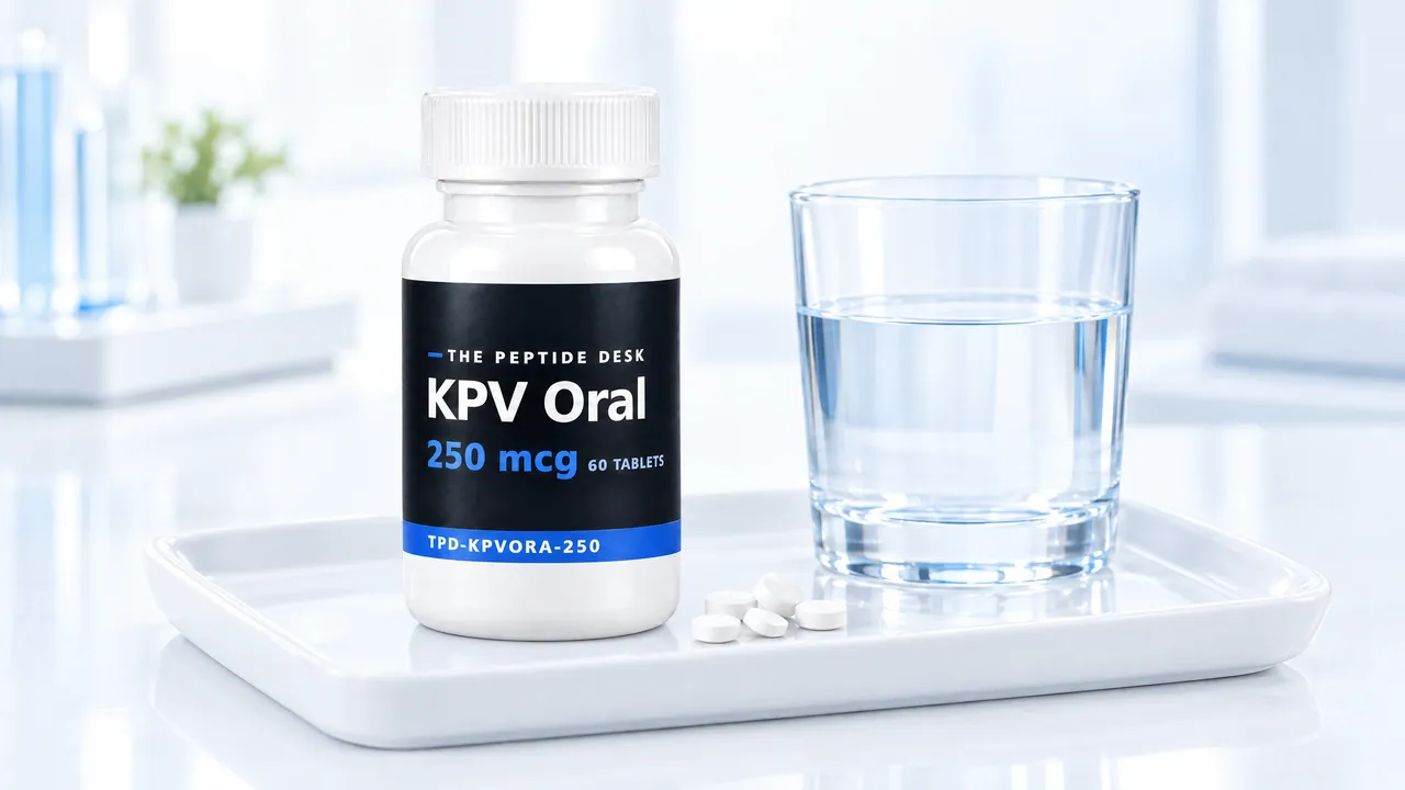 Closed white tablet bottle with a black TPD label for KPV Oral, a glass of water and a few white tablets beside it