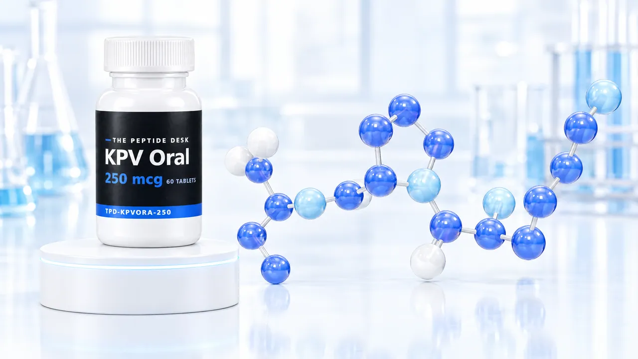 White tablet bottle with a black TPD label for KPV Oral on a white podium, next to it a molecule model of blue and white glass spheres with a ring in a bright lab