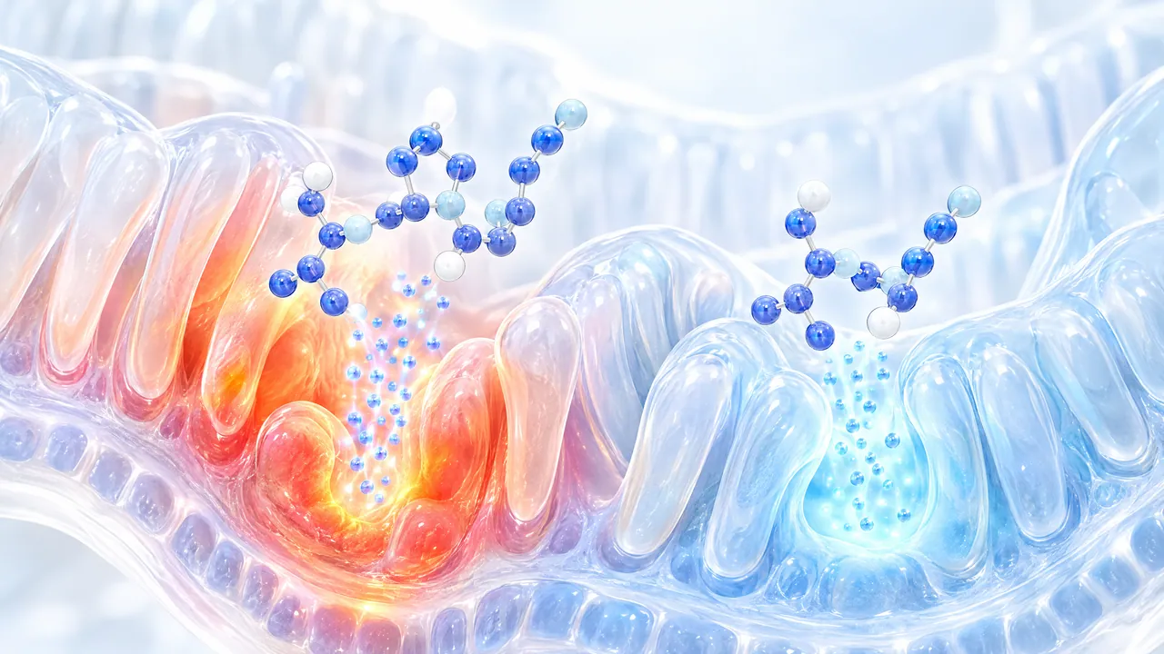 Glass intestinal villi, glowing red and orange on the left, cool light blue on the right, blue molecules sending points of light into both areas