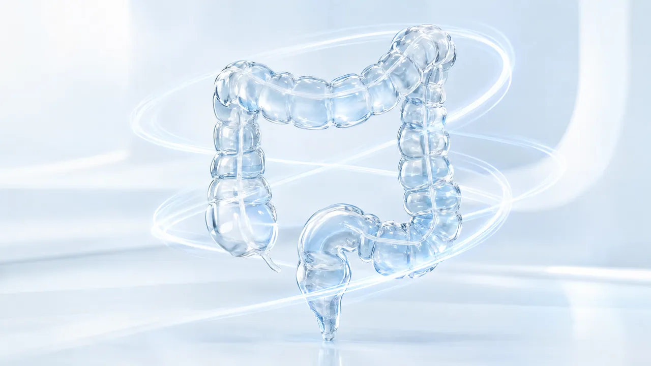 Clear glass colon surrounded by sweeping light trails