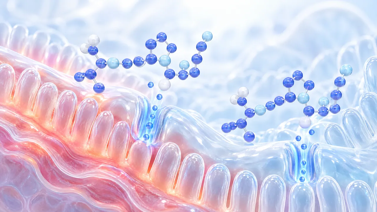 Wavy intestinal lining with villi, partly reddish and partly bluish, with two blue 3D molecules above it
