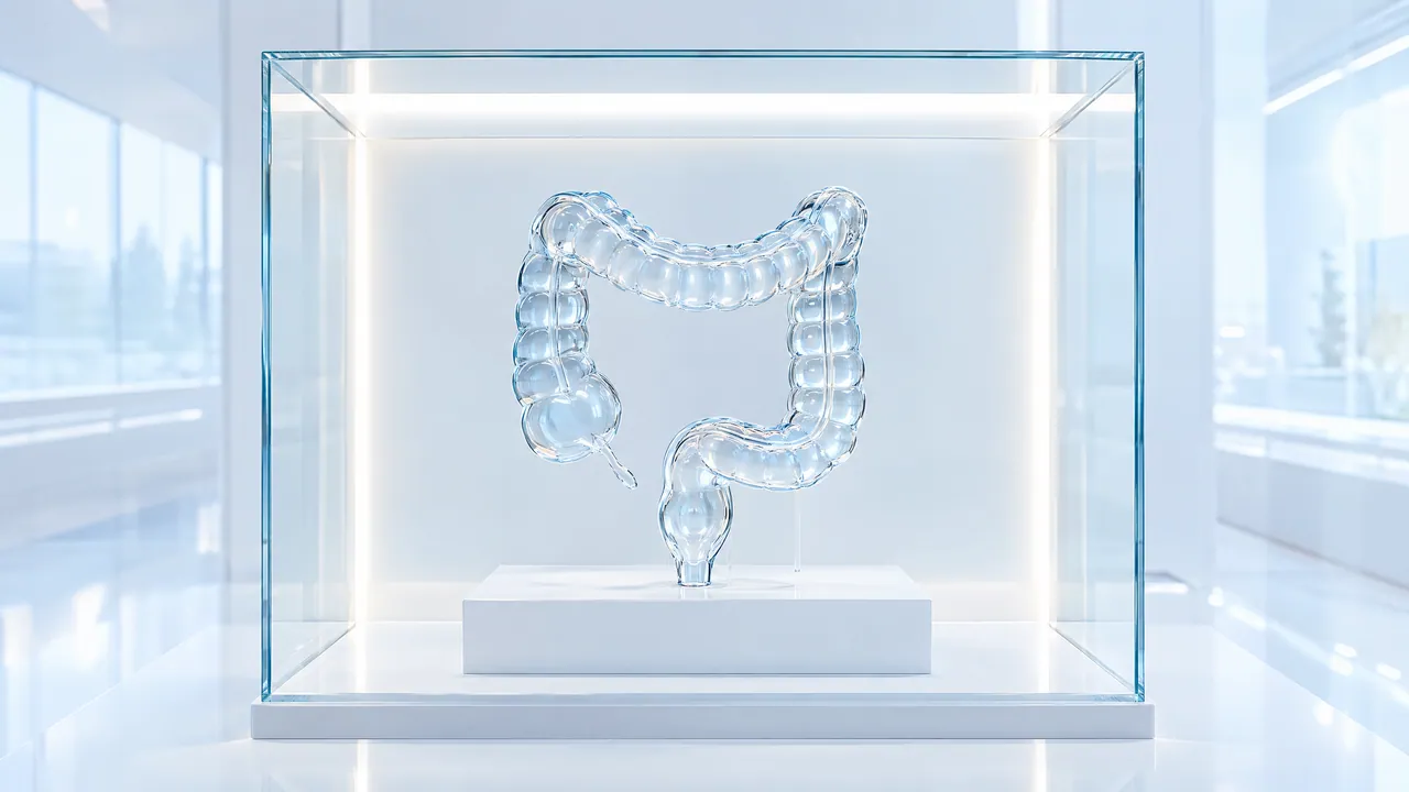 Glass model of the intestine in a glass display case in a bright lab