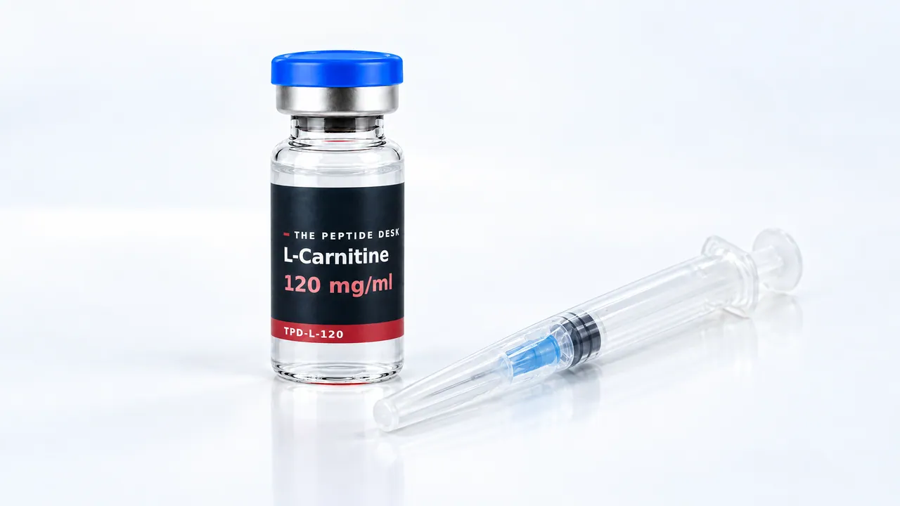 Glass vial with clear liquid, a blue cap and a black TPD label for L-Carnitine, a disposable syringe beside it