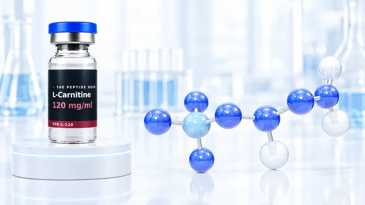 L-Carnitine glass vial with clear solution and the black TPD label on a white podium, next to a large blue 3D molecule model in a bright lab