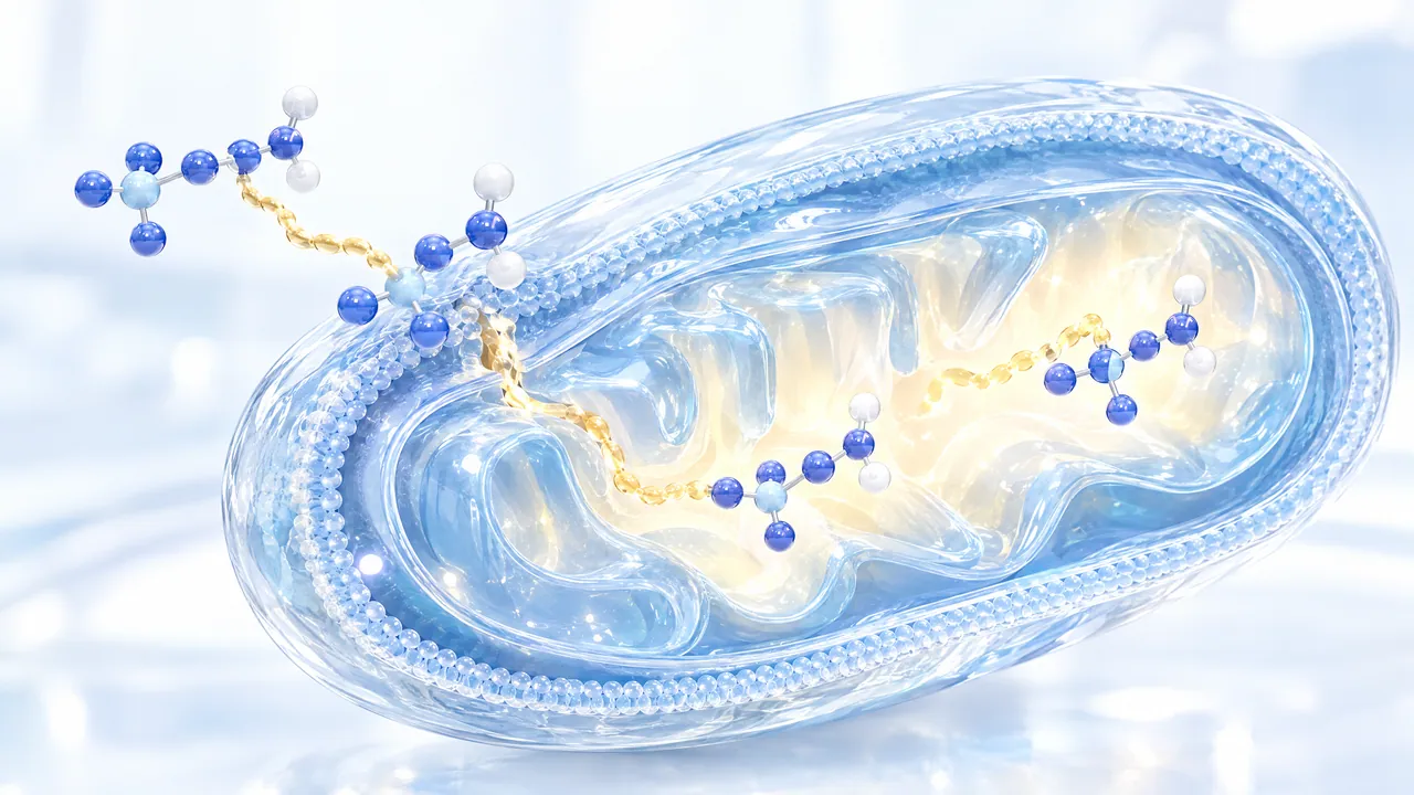 Glass mitochondrion with a double envelope, a golden chain of fatty acids is guided through the membrane into the interior by blue molecule models