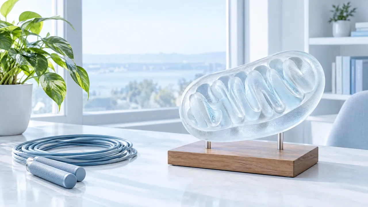 Glass mitochondrion model on a wooden base on a bright table, next to a skipping rope and a green plant in front of a large window