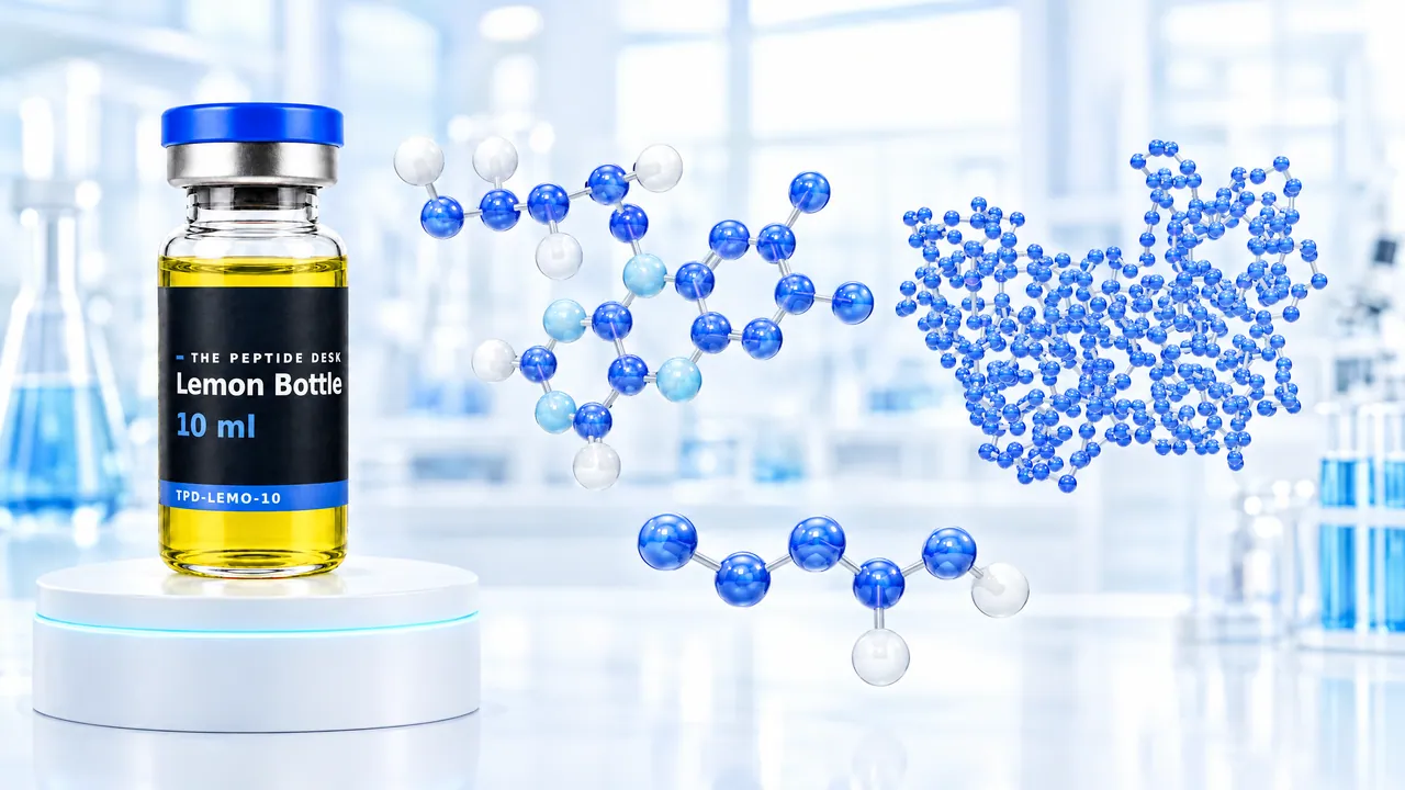 Lemon Bottle vial with yellow liquid and the black TPD label on a white podium, next to several blue 3D molecules in a bright lab
