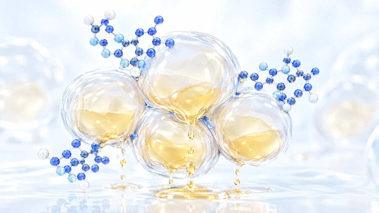 Glass fat cells with golden yellow contents and blue molecules on their walls, golden liquid dripping out of the cells