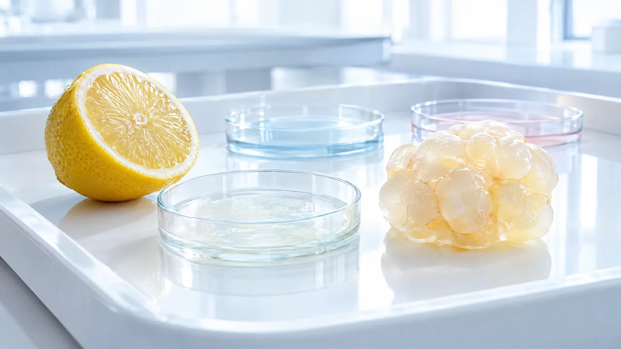 Lab tray with half a lemon, Petri dishes and a yellowish, grape-like piece of frosted glass tissue