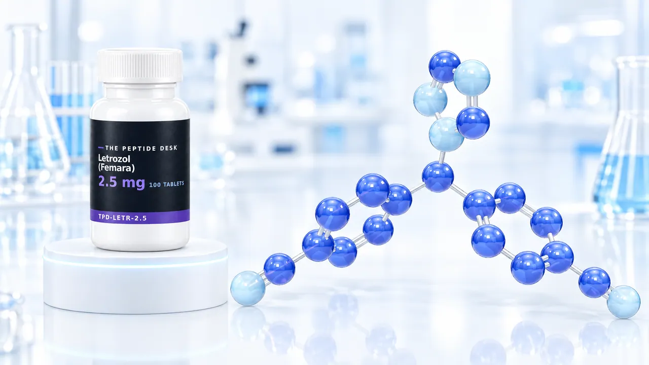White tablet bottle with the black TPD label for letrozole on a white podium, next to a blue three-armed 3D molecule model in a bright lab