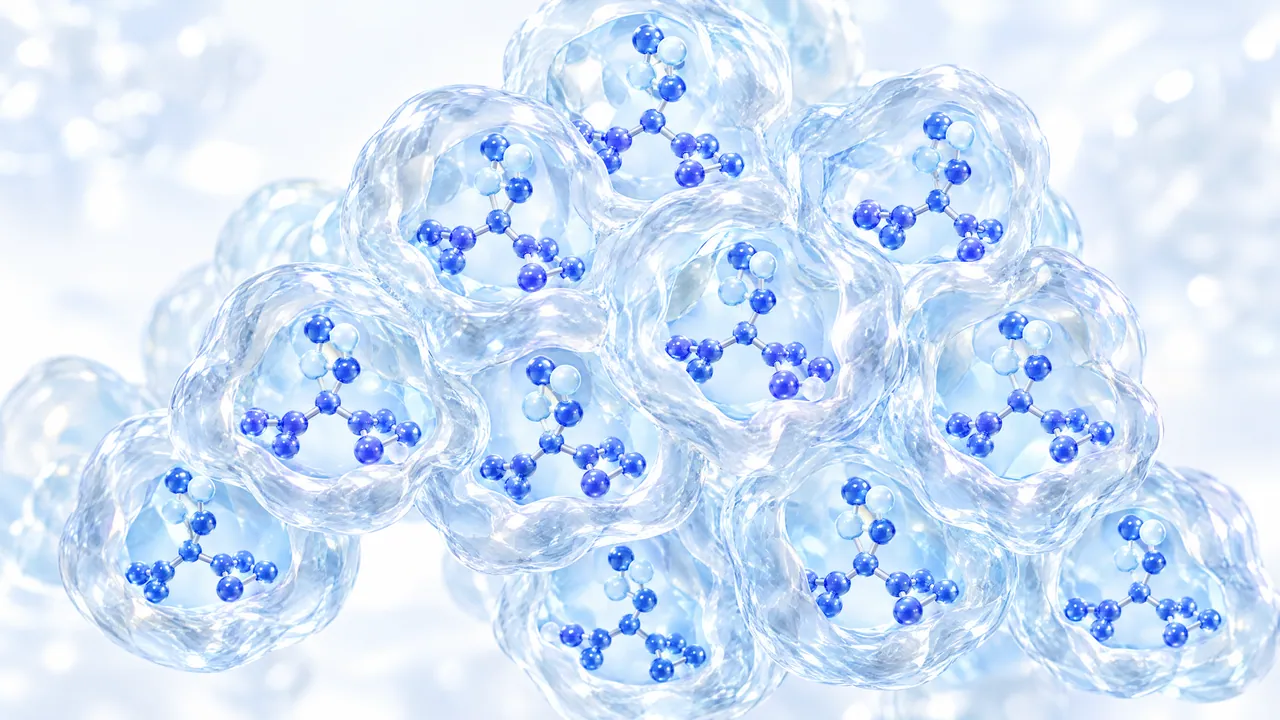 Many transparent bubble-like cells, each holding a small blue three-armed molecule