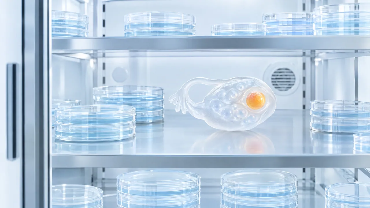 Glass model of an ovary with a glowing orange egg cell in an incubator between petri dishes