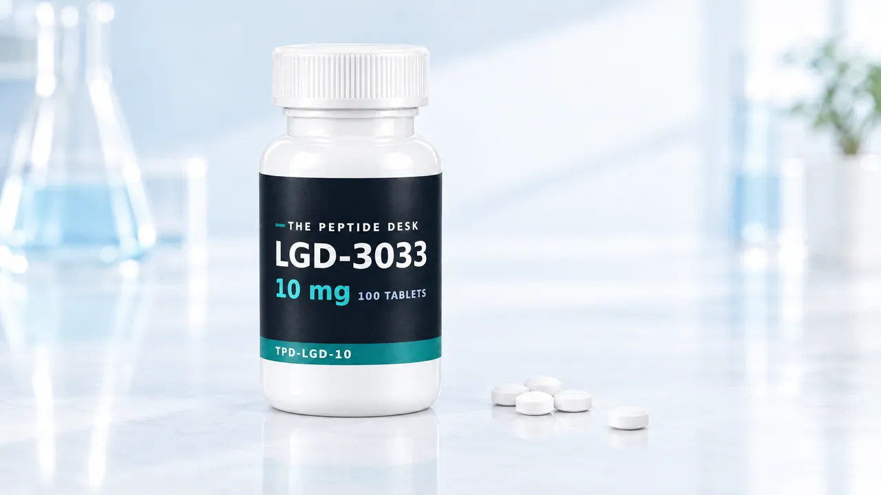 White tablet bottle with the black TPD label for LGD-3033 on a light table, a few white tablets next to it