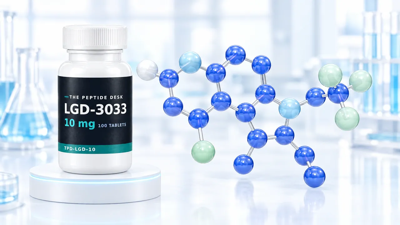 White tablet bottle with the black TPD label for LGD-3033 on a white podium, next to a large blue 3D molecule model in a bright lab